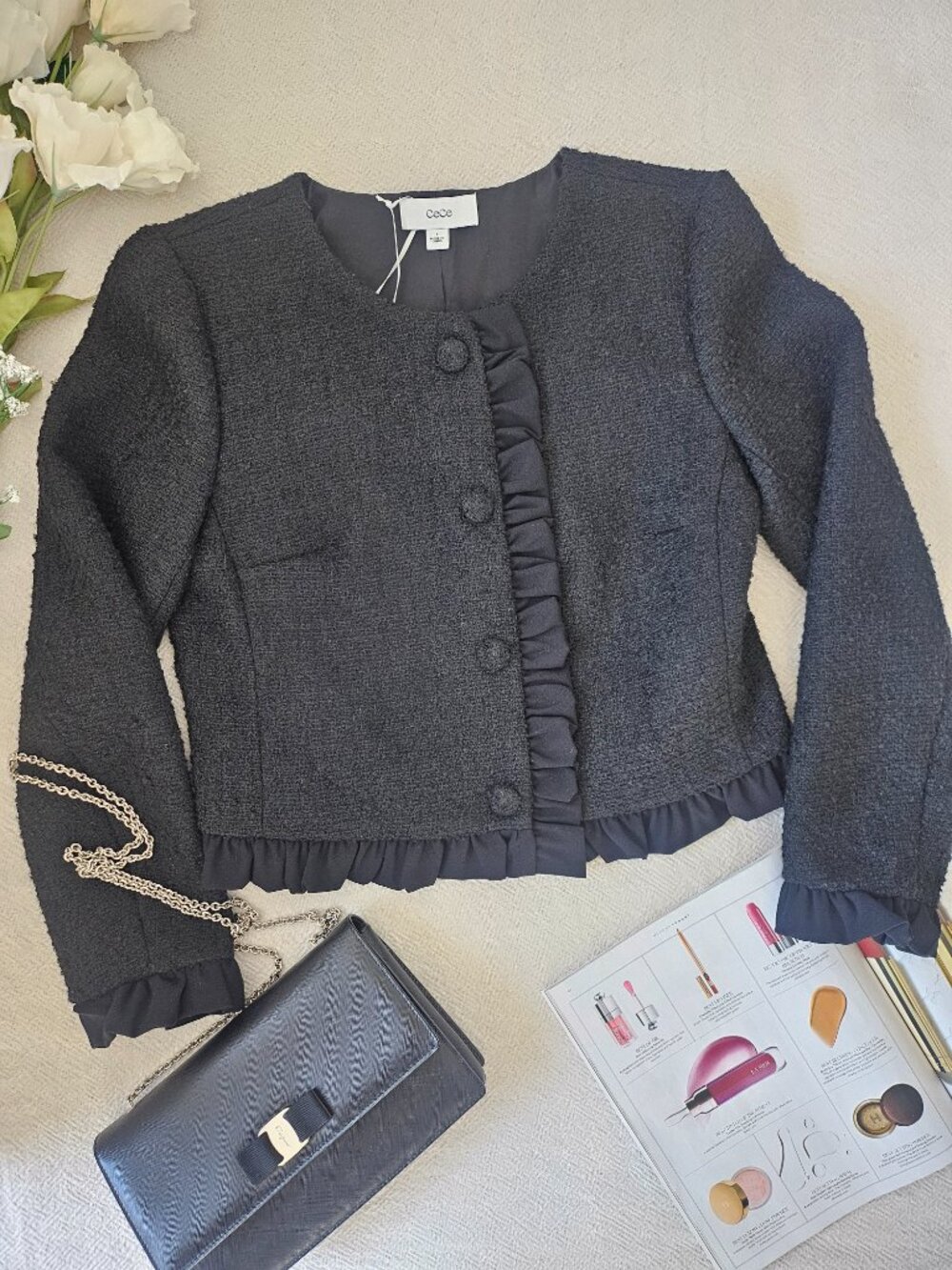 CeCe NWT Black Tweed Ruffle Trim Cropped Jacket Size 8 - Picture 16 of 16
